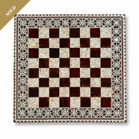 Wood & Mother of Pearl Chess Board — Burgundy & Crushed Shell Playing Field with Geometric Border, Board Only
