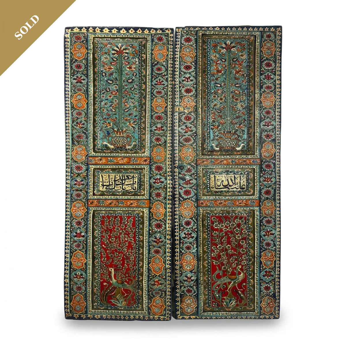 Antique Hand-Painted Enamel Double Door — Polychrome Floral, Calligraphy & Peacock Panels