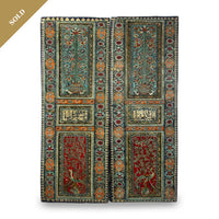 Antique Hand-Painted Enamel Double Door — Polychrome Floral, Calligraphy & Peacock Panels