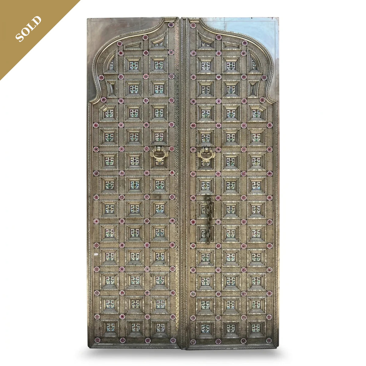 Embossed Metal & Wood Double Door — Pyramid Boss Grid with Cloisonné Enamel Rosettes