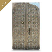 Embossed Metal & Wood Double Door — Pyramid Boss Grid with Cloisonné Enamel Rosettes