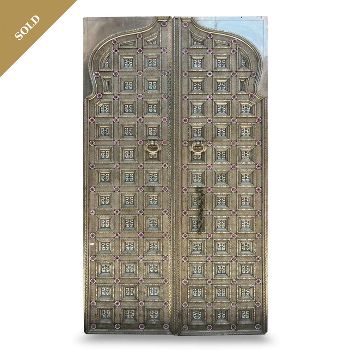 Embossed Metal & Wood Double Door — Pyramid Boss Grid with Cloisonné Enamel Rosettes