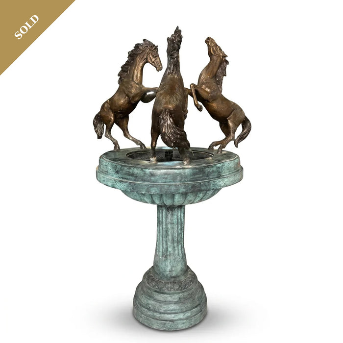 Bronze Horse Fountain — Three Rearing Stallions on Verdigris Column Pedestal
