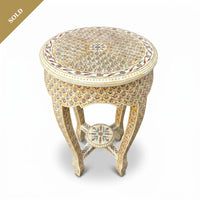 Camel Bone Round Side Table — Polychrome Floral Micro-Inlay