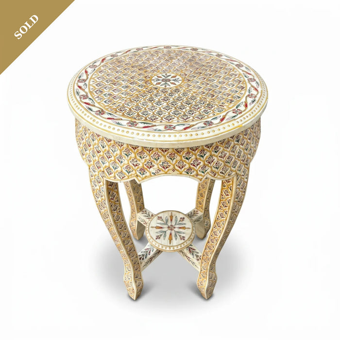 Camel Bone Round Side Table — Polychrome Floral Micro-Inlay